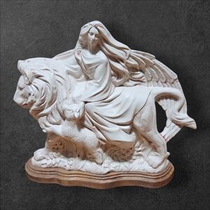 Angel On Lion With Lamb Religious Theme Victorian Style Display Statue Ceramic S